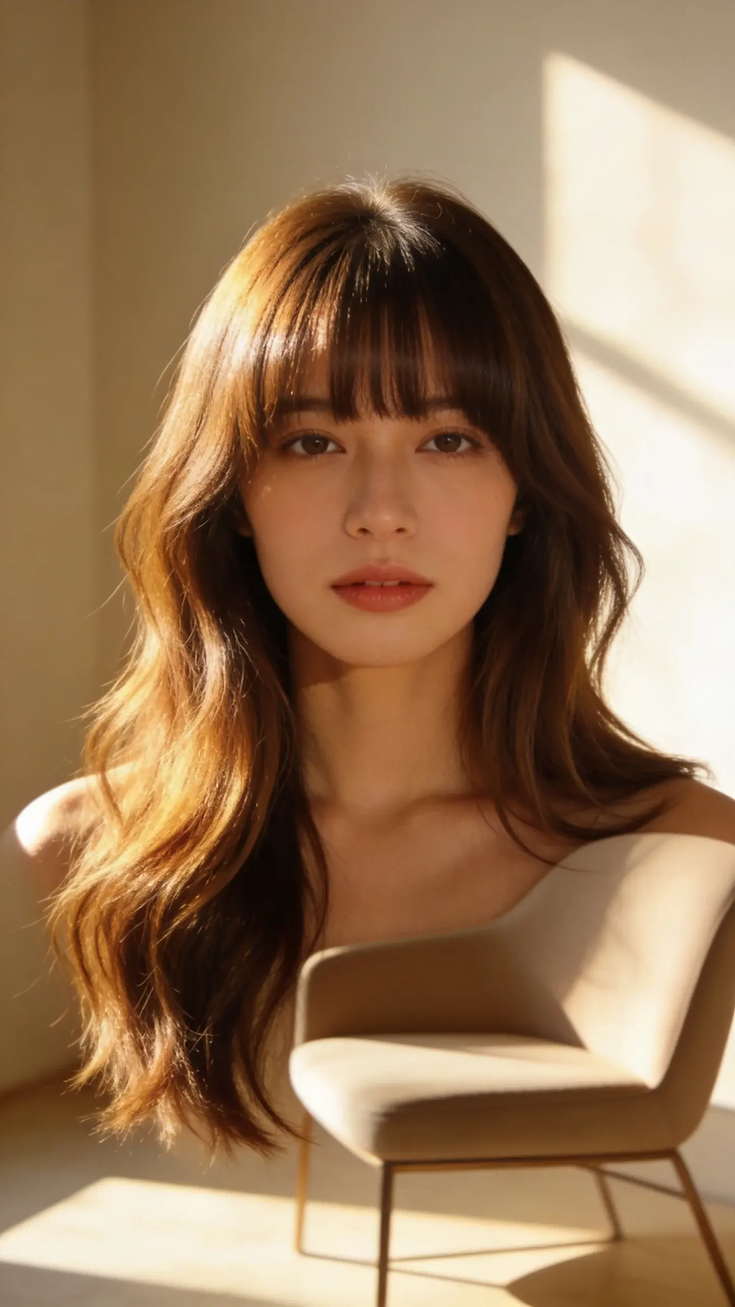 Front-facing image of a medium-length haircut with curtain bangs seamlessly blending into long layers; effortless blowout with smooth bends, no flyaways; sunlit indoor scene with a minimalist chair to suggest understated luxury.