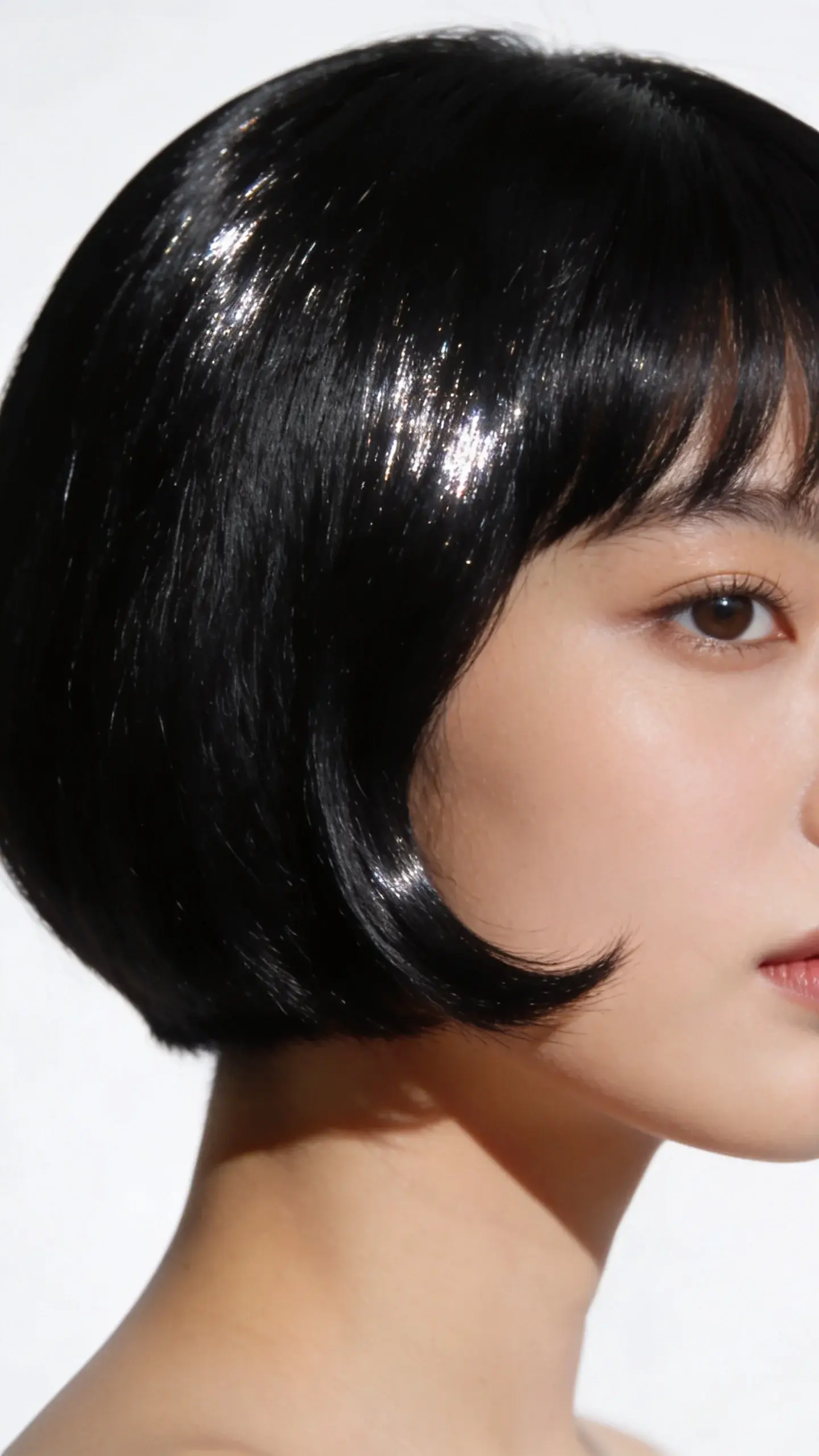 Side profile of a soft, rounded bob with internal debulking for head-hugging shape; glossy black hair, weight line sitting just under the jaw, face-framing pieces tailored to cheekbones; clean white background, beauty lighting for high polish.