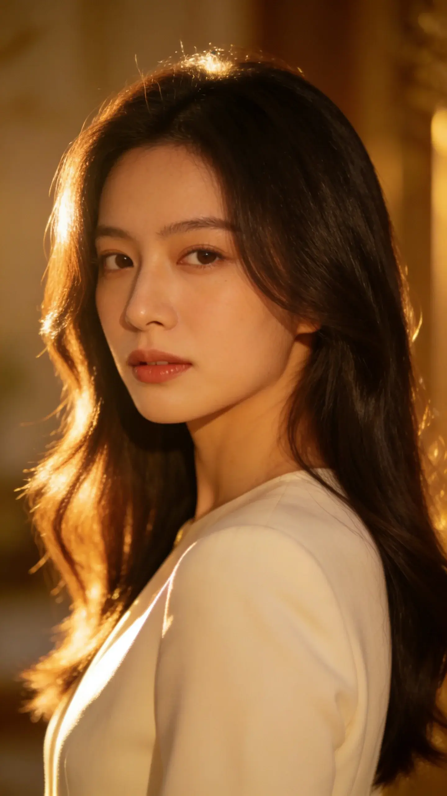 Three-quarter portrait of long hair styled in a smooth blowout with polished ends and subtle face-framing layers; minimal volume, no harsh curl; warm, golden-hour lighting to enhance shine and dimension; simple, elegant wardrobe to reinforce timeless luxury.