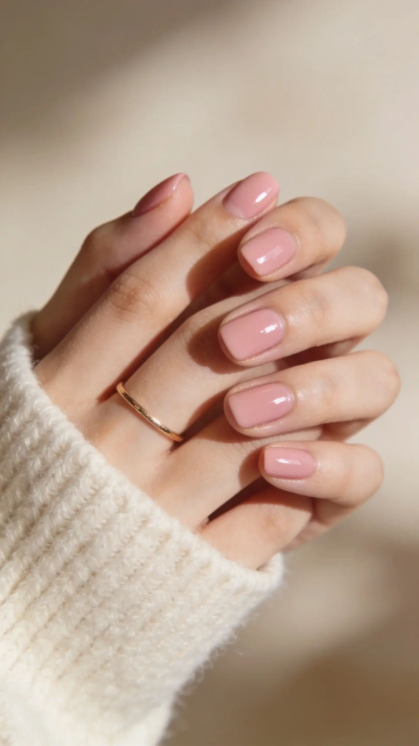 Close-up of elegant female hands with short, rounded nails painted in a milky pink, ultra-glossy finish; soft natural daylight; minimal styling with a thin gold band ring and a cream cashmere sweater cuff; neutral beige background slightly blurred; no text.
