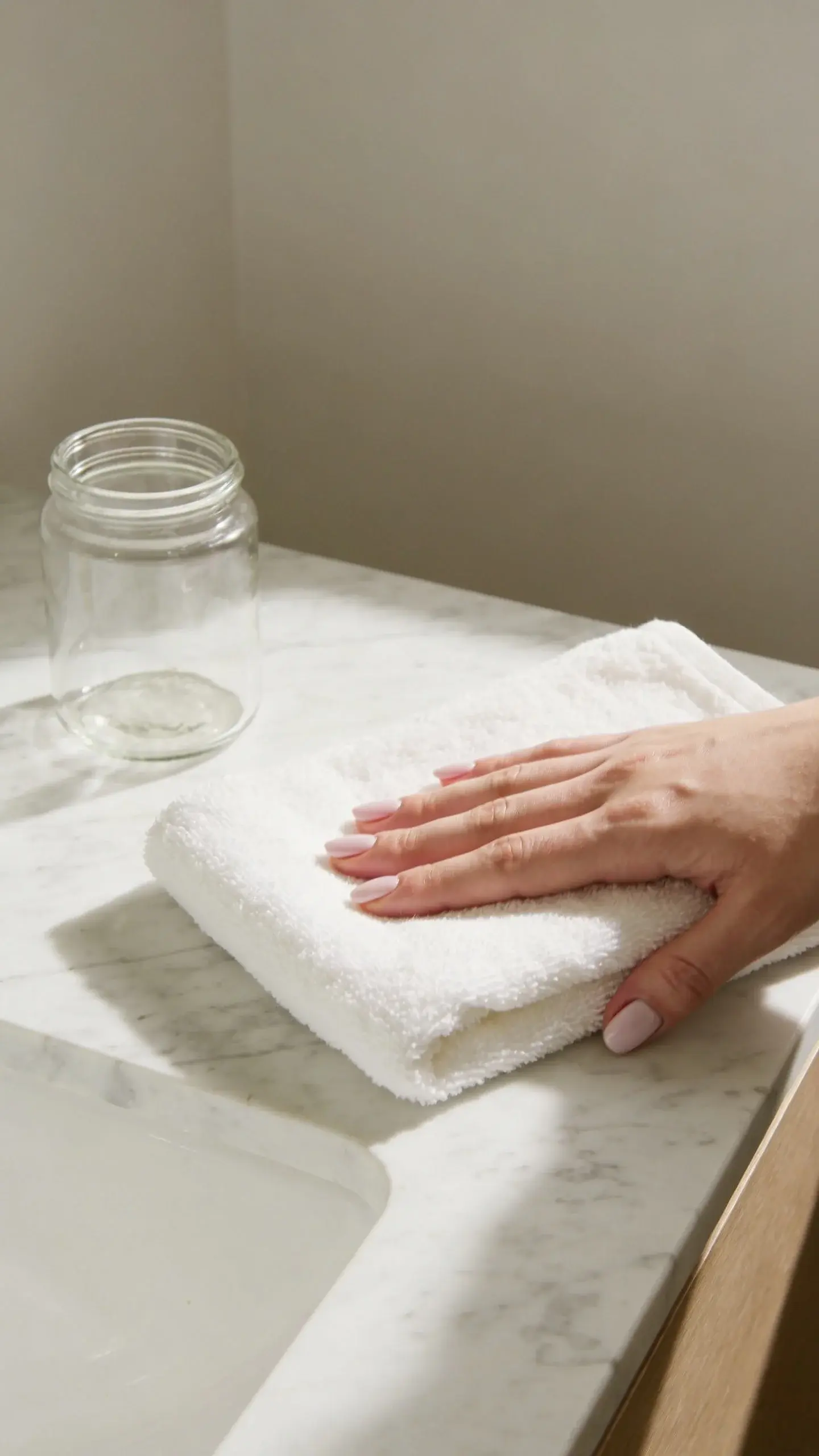 Minimal bathroom vanity scene: hand with milky pink nails reaching for a white cotton towel; marble countertop, clear glass jar, muted beige walls; bright but diffused lighting; clean, airy aesthetic; no text.