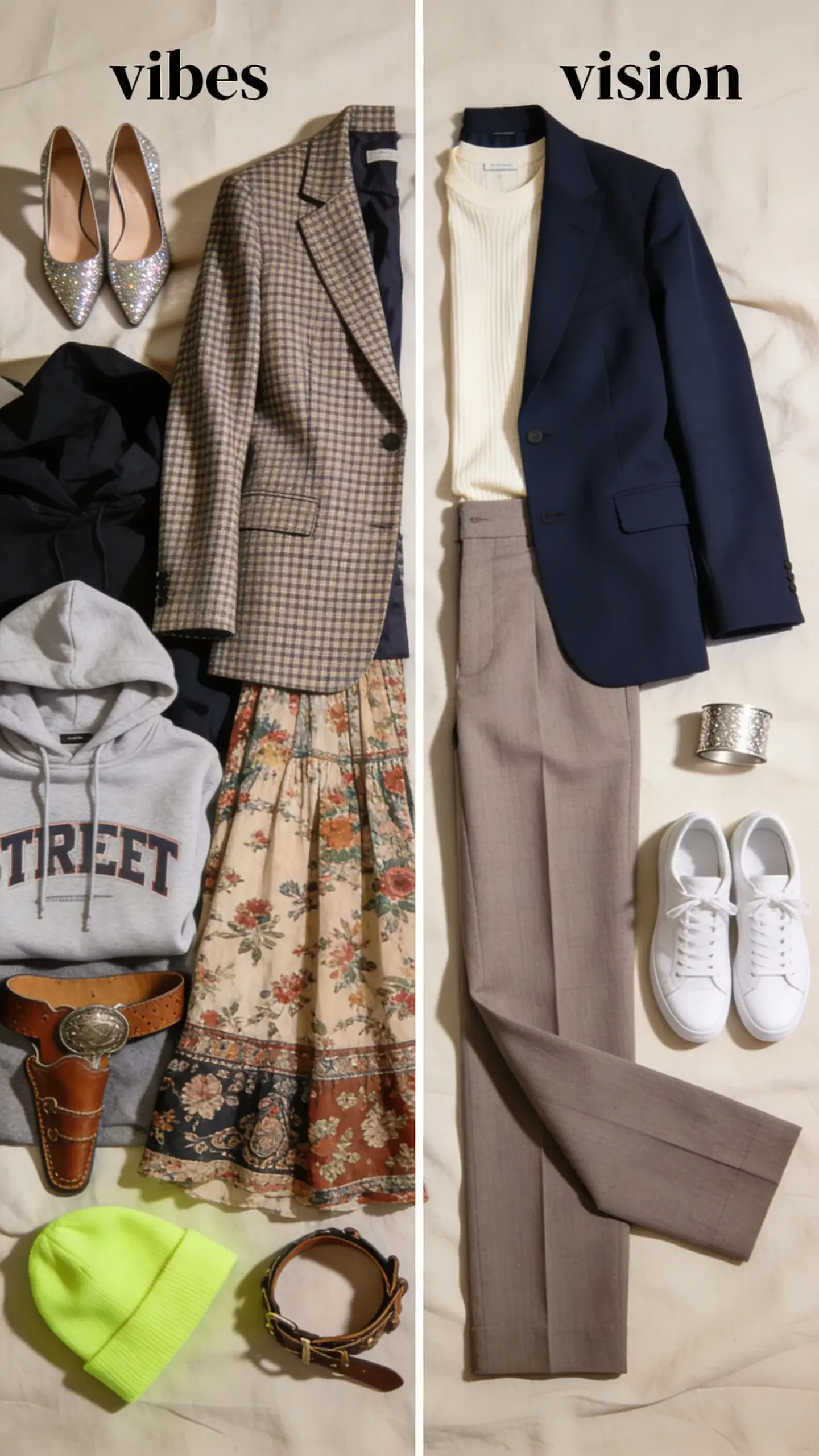 Split-flatlay on a neutral linen backdrop: left side chaotic “vibes” wardrobe (Parisian check blazer, glitter heels, boho floral skirt, streetwear hoodie, cowboy belt, neon beanie); right side refined “vision” wardrobe (taupe wool trousers, navy blazer, cream knit tee, white sneakers, silver cuff). Overhead composition, soft shadows, no text.