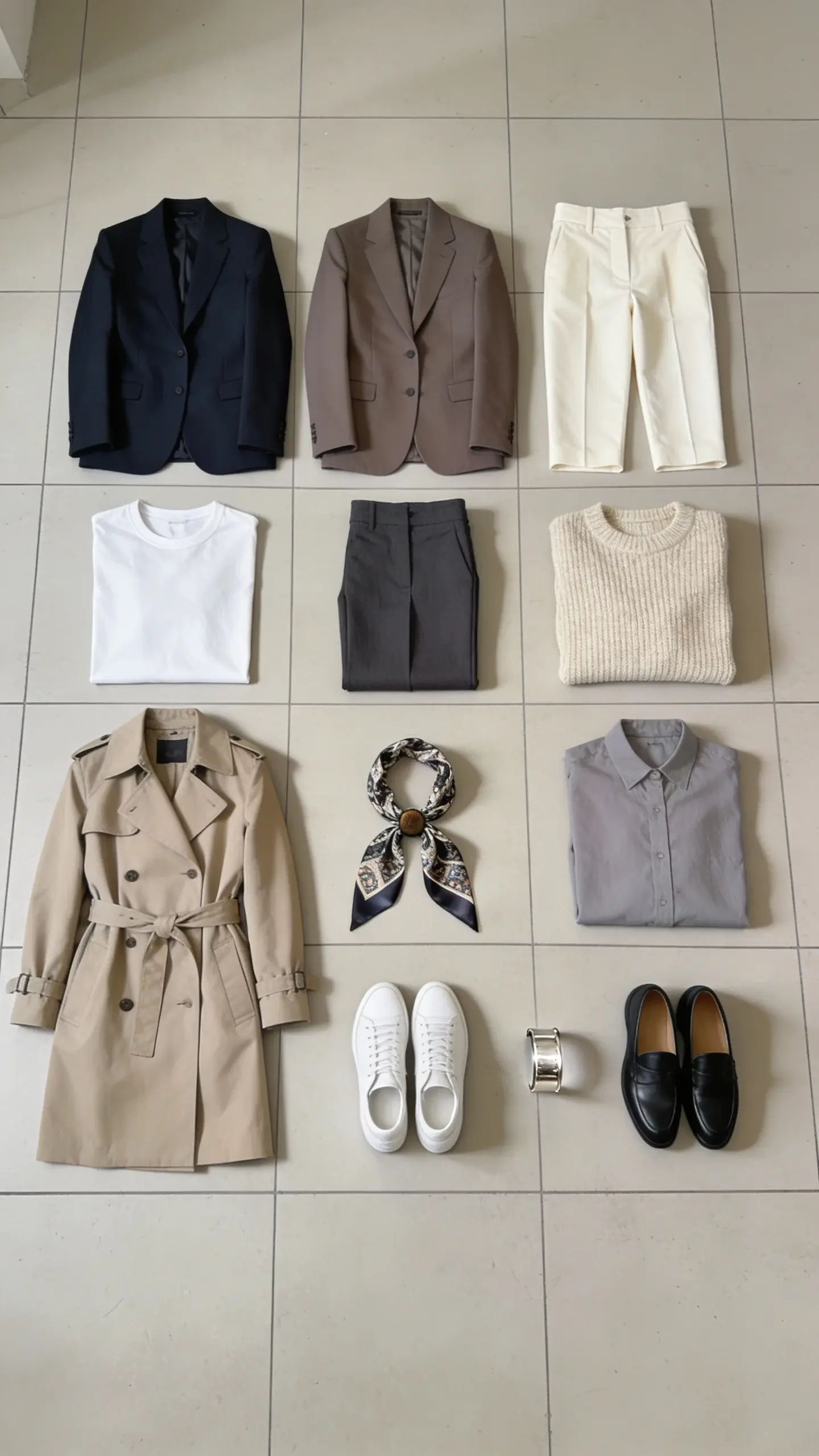 Capsule wardrobe grid on the floor: 12 items arranged neatly—two blazers (navy, taupe), two trousers (cream, charcoal), two tops (white tee, oatmeal knit), one trench, one soft shirt (dove gray), white sneakers, black loafers, silver cuff, quirky patterned silk scarf (single bold accent). Overhead shot, clean composition, no text.