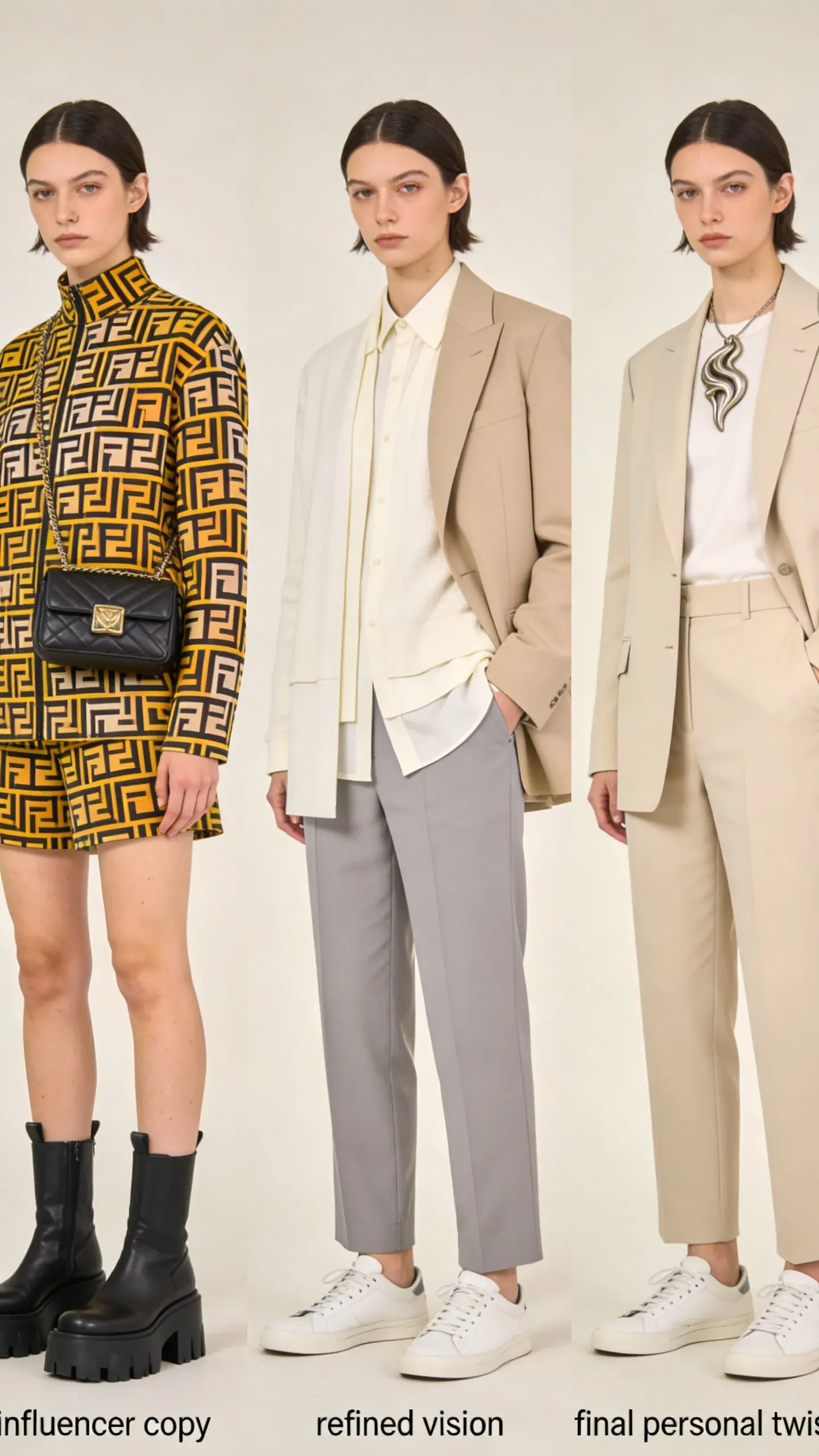 Three-look progression on a seamless backdrop: same person evolving from “influencer copy” (trendy micro-bag, chunky boots, loud pattern) to “refined vision” (neutral palette, clean sneakers, tailored layers) to “final personal twist” (adds a single sculptural necklace). Consistent lighting, no text, editorial styling.
