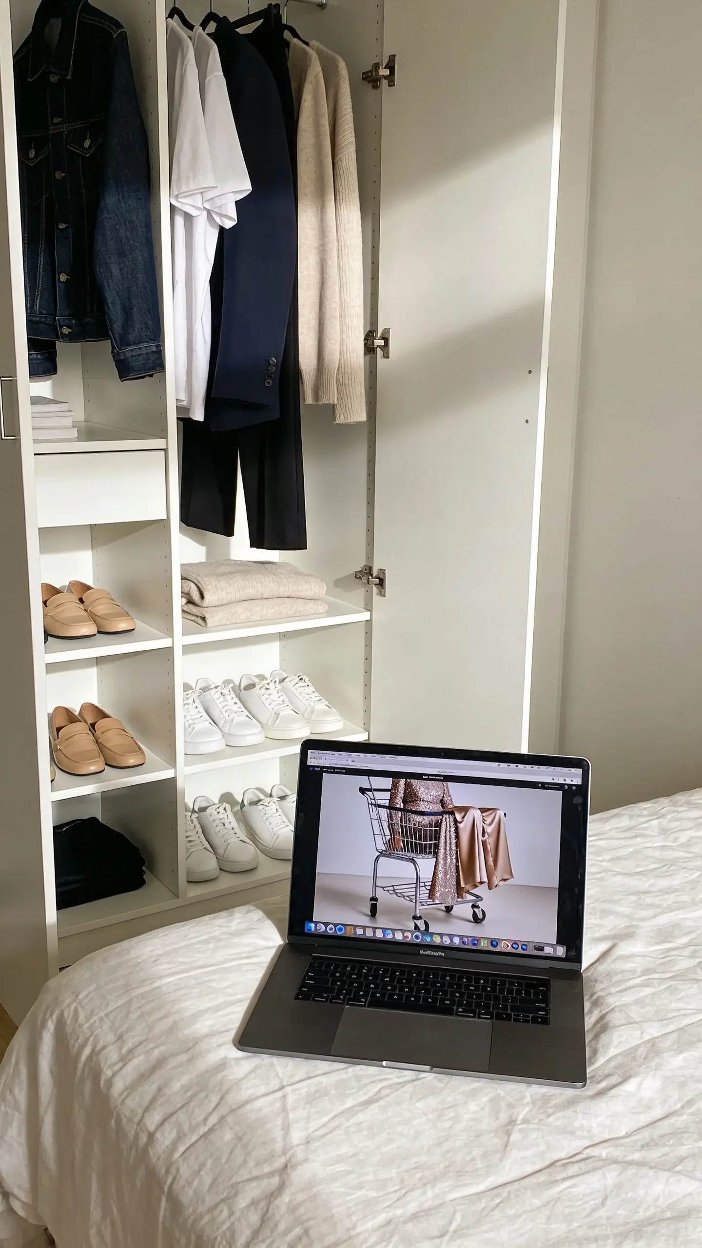 A minimalist, well-lit bedroom with an open wardrobe showing a curated selection of everyday pieces: dark-wash jeans, white tees, a navy blazer, tailored black trousers, neutral sweaters, comfortable loafers and white sneakers. A shopping cart on a laptop screen on the bed shows a sparkly gown and silk trousers being removed, emphasizing realistic daily wear. No text.