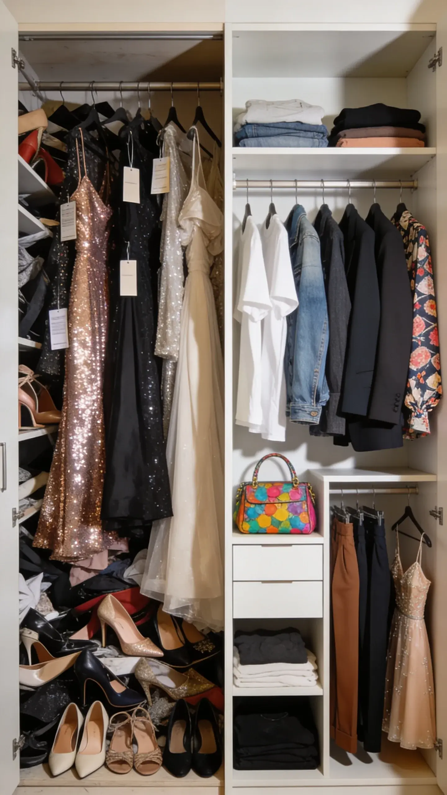 A split-scene image: left side a chaotic closet stuffed with sequin dresses, impractical heels, and event gowns with tags; right side a tidy capsule wardrobe with 70% basics (tees, jeans, blazers, trousers), 20% playful items (patterned blouse, colorful handbag), 10% occasion wear (one cocktail dress). Natural light, neutral background, no text.
