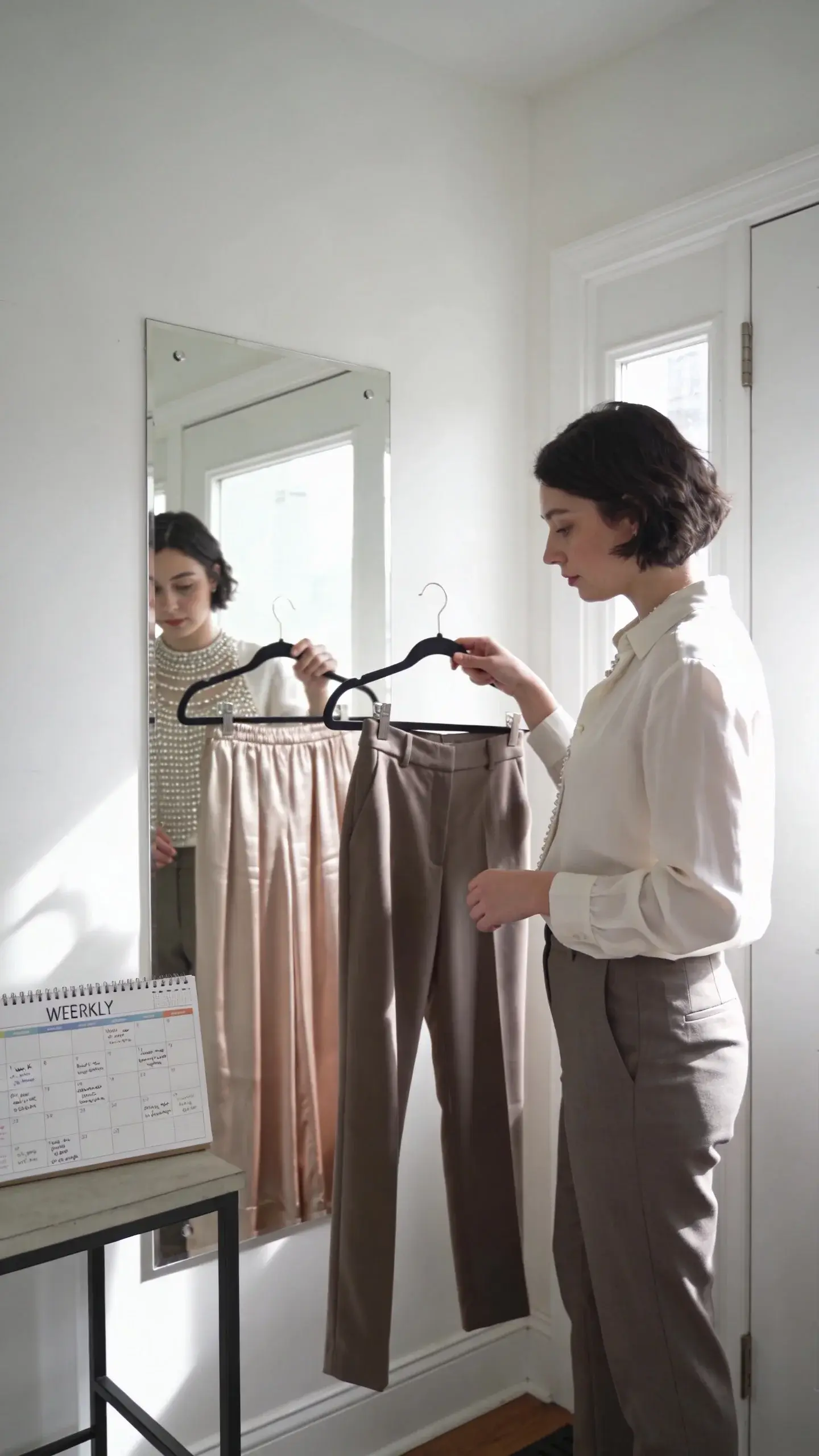 A woman standing in front of a mirror in a bright, small apartment entryway, holding two hangers: one with silk palazzo pants and a beaded top, the other with tailored trousers and a crisp blouse. She thoughtfully checks a weekly planner on a console table showing work and errands. Clean styling, no text.