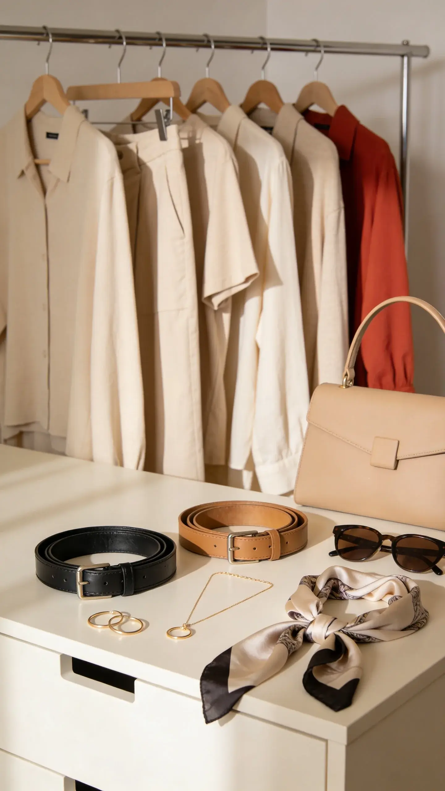 A tidy dresser top with a capsule accessories lineup: black leather belt, tan belt, delicate gold necklace, hoop earrings, a silk scarf, classic sunglasses, and a neutral structured handbag. Behind, a hanging rail with coordinated neutrals and one bold color piece. Soft daylight, no text.