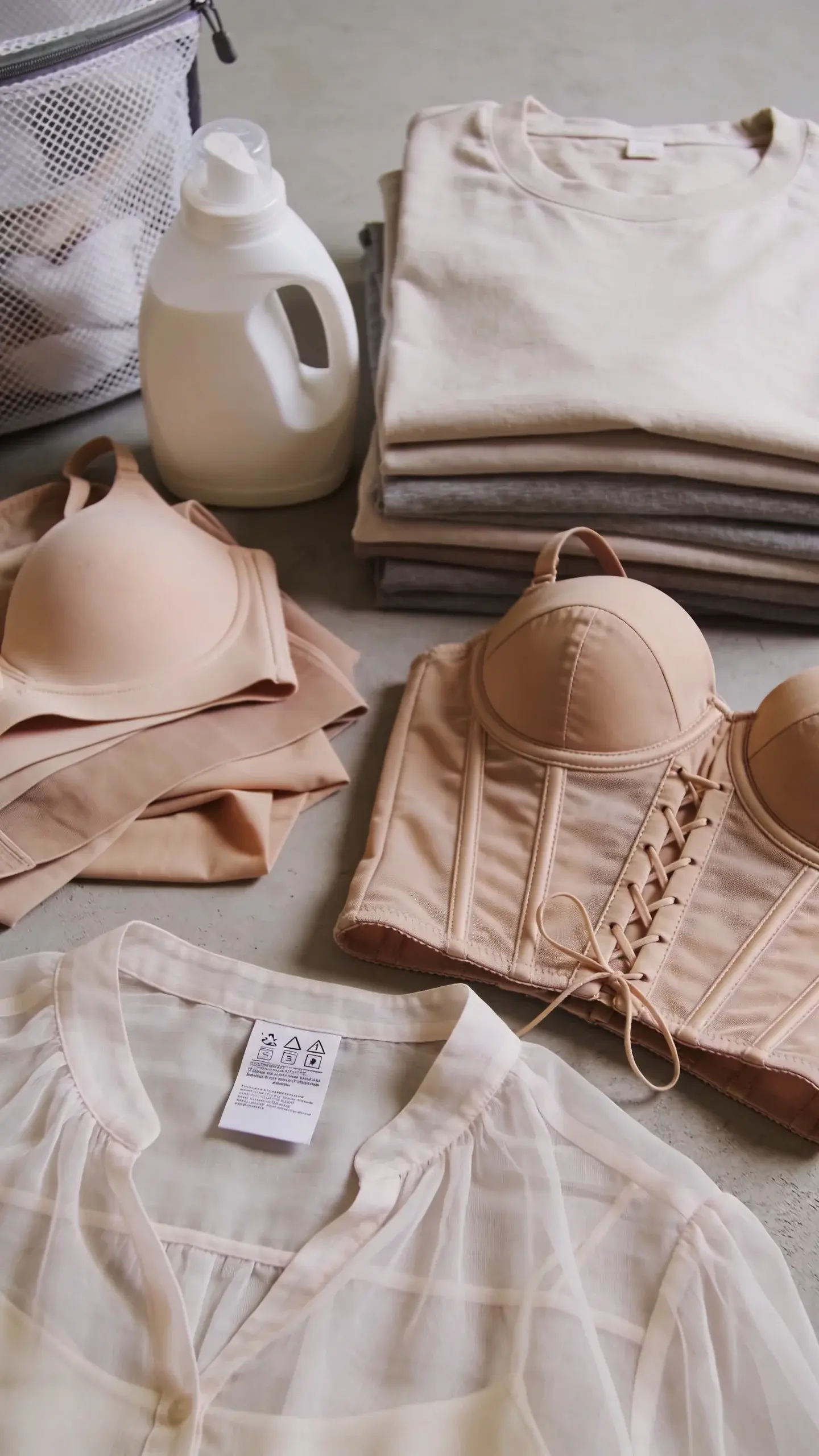 A laundry-room vignette: a care label close-up on a delicate sheer blouse next to a pile of shapewear and complicated strapless bra, contrasted with a stack of easy-care cotton tees and a T-shirt bra. A mesh laundry bag and gentle detergent sit nearby. Quiet, realistic styling, no text.