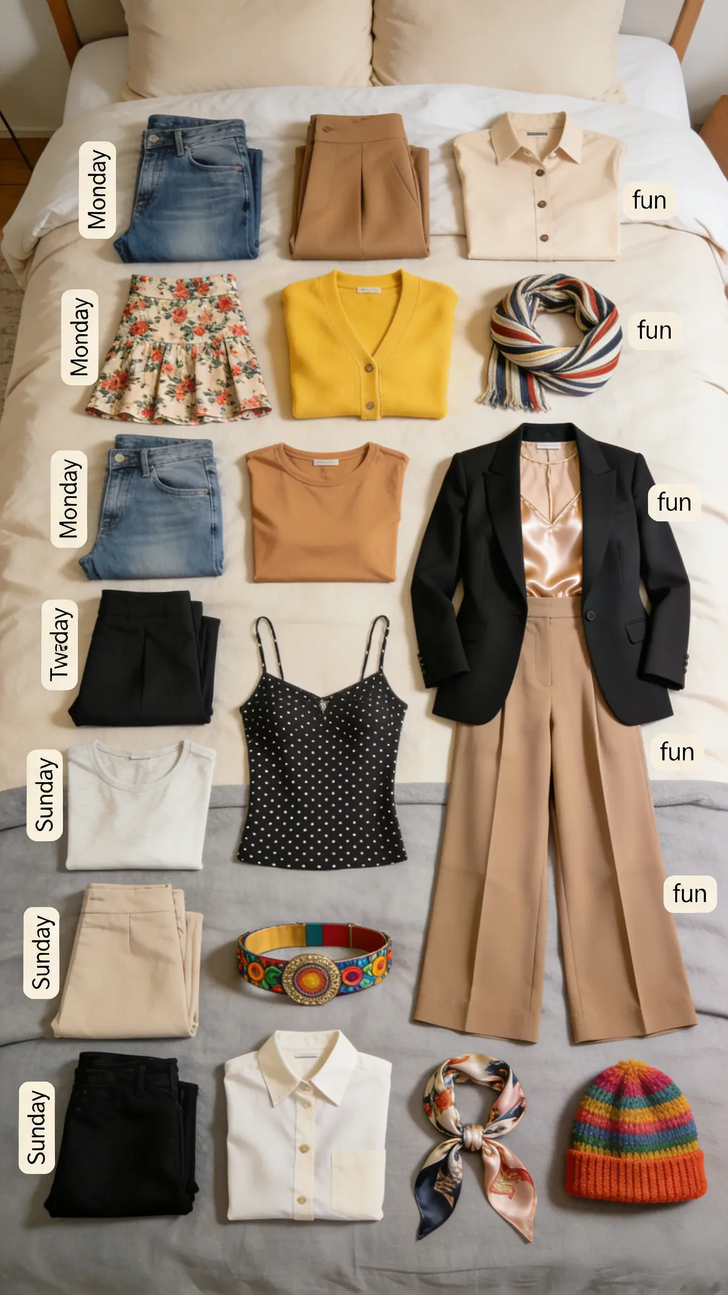 A week’s worth of mix-and-match outfits laid out on a bed: Monday to Sunday rows mixing the same core pieces—jeans, trousers, blazers, tees, button-downs—with two “fun” accents like a patterned skirt and bright cardigan, plus one dressy look for an event. Neutral bedding, cohesive palette, no text.