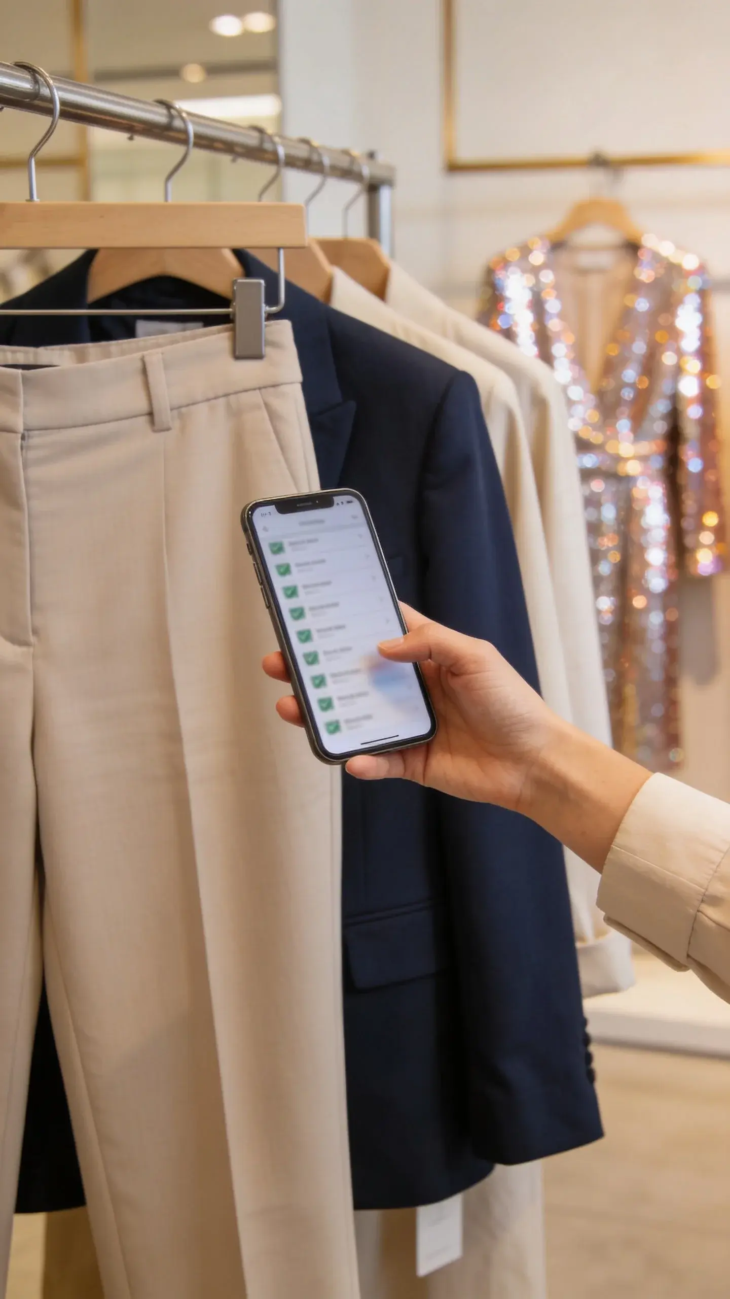 A shopping scene at a clean, modern store: the shopper’s hand holds a checklist on a phone screen (not legible) while selecting a navy blazer and straight-leg trousers from a rack of neutrals; flashy party dresses hang farther back, slightly out of focus. Warm lighting, no text.