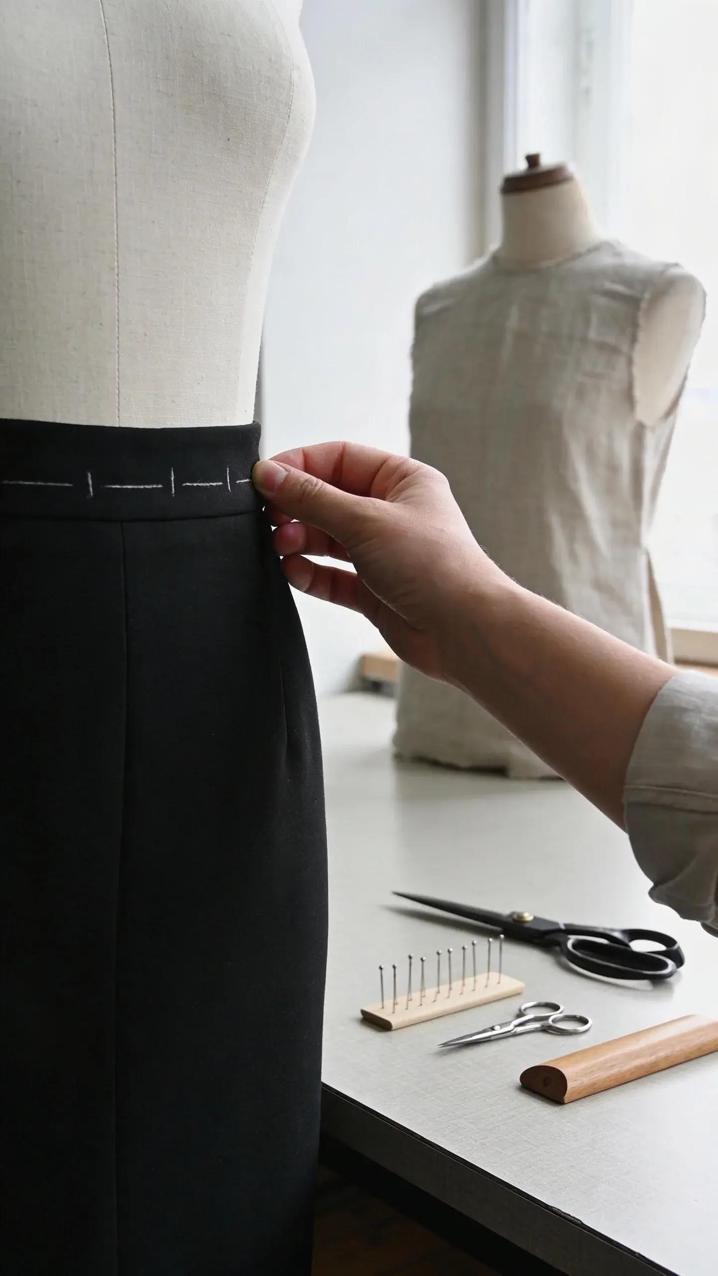A minimalist tailor’s studio: a tailor chalking a slight taper on the waist of a black pencil skirt worn by a client; pins, sewing shears, and a wooden tailor’s clapper neatly arranged on a worktable; muted tones, natural light from a window, linen dress form in the background, no logos, no text.