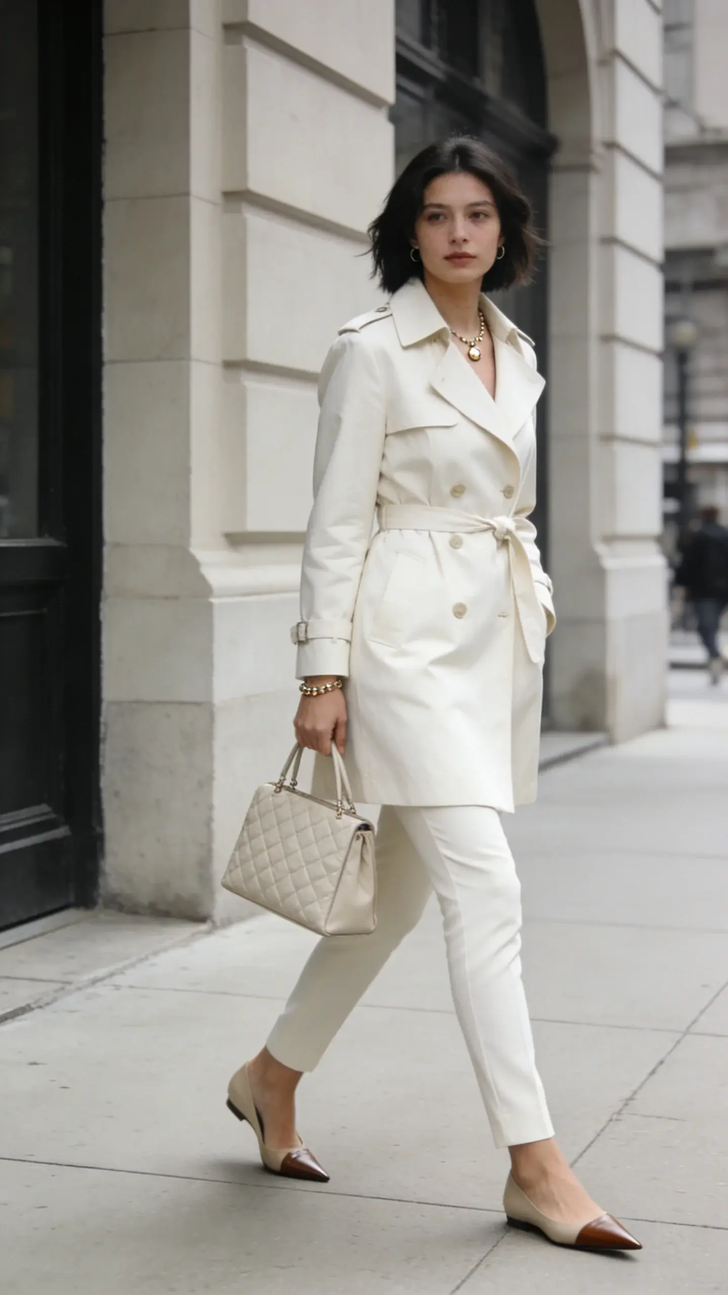 Full-body street style shot in soft overcast light: a woman in a monochrome cream outfit—well-fitted trench coat, slim trousers ending just at the shoe, pointed leather flats—walking on a clean city sidewalk; garments skim her frame without clinging; simple jewelry and structured tote; muted urban background, no text.