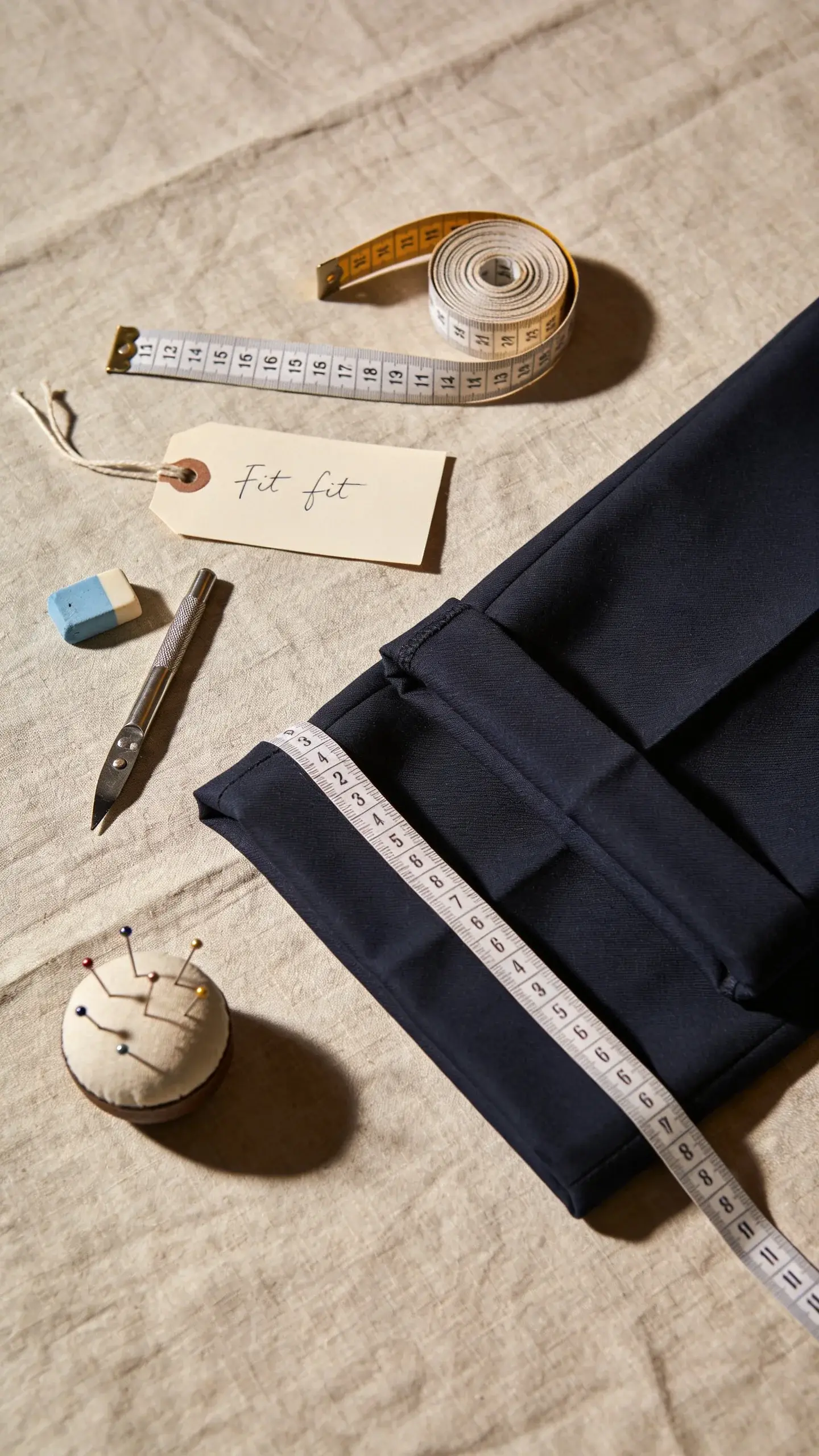 Flat lay on a textured linen surface: measuring tape, tailor’s chalk, seam ripper, a small pin cushion, and a neatly folded pair of navy trousers with a visible hem measured to the correct length; a handwritten-style fit card implied by a blank tag (no actual text), warm top-down lighting, no logos.
