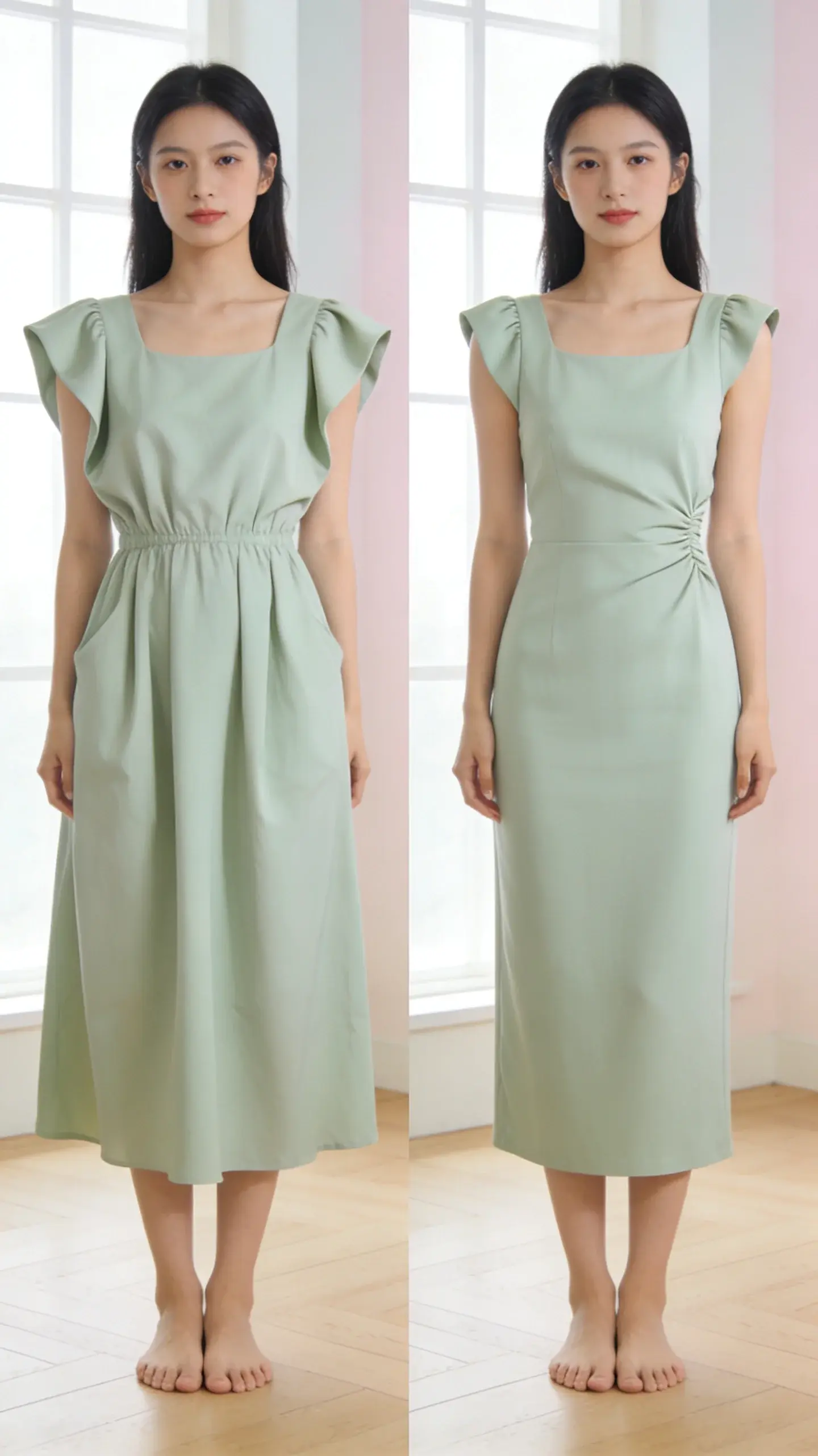 Before-and-after split of a midi dress on the same model in a bright, airy room: left shows drooping shoulder seams and a baggy waist; right shows corrected shoulder placement and a gently cinched waist that skims the body; soft pastel dress color, bare feet on a light wood floor, no text.