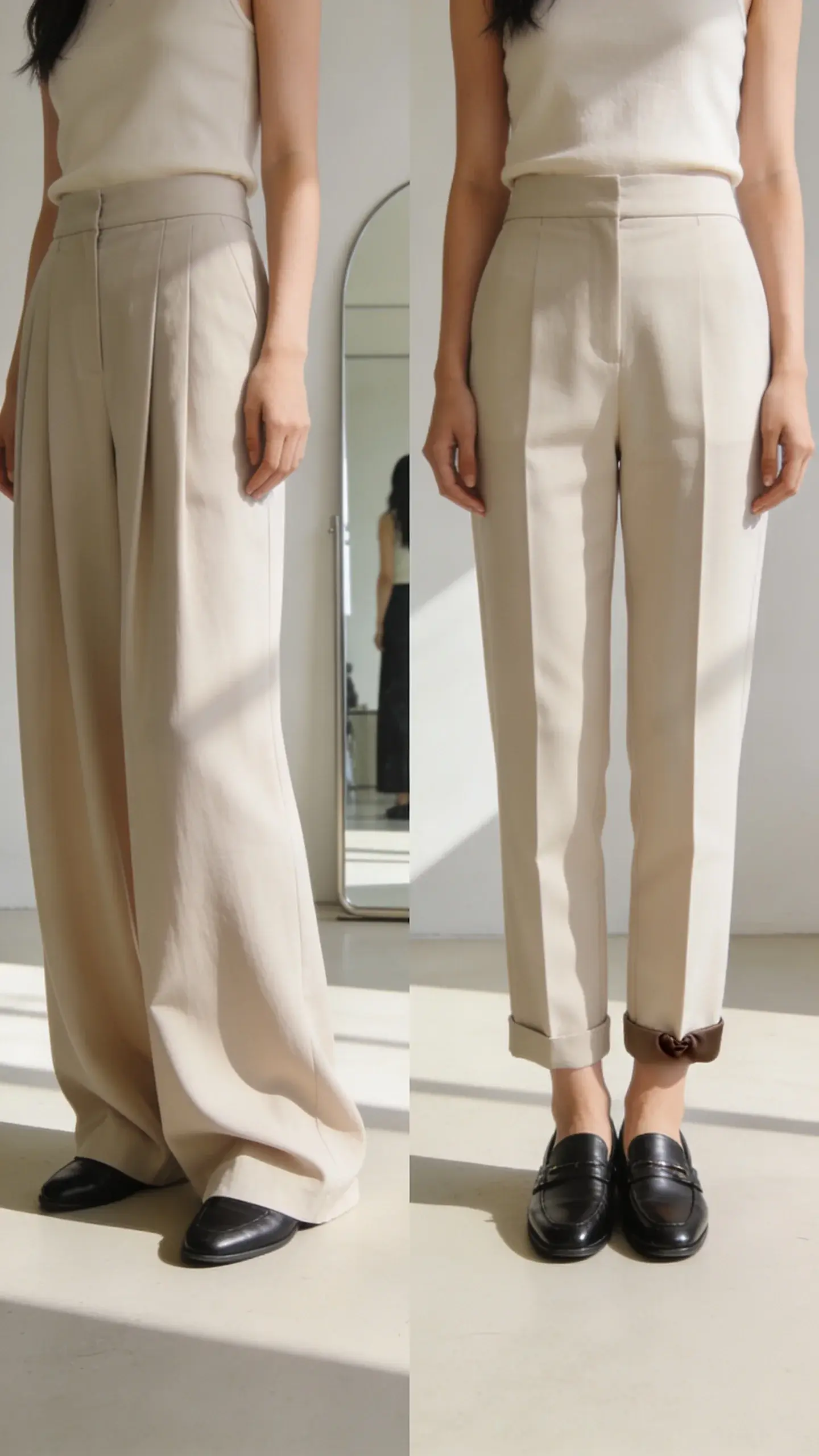 Full-body shot of a woman wearing trousers that puddle excessively over her shoes on the left, and the same trousers perfectly hemmed to “kiss” the top of sleek loafers on the right. Minimalist indoor setting with a mirror in the background, natural daylight, no text.