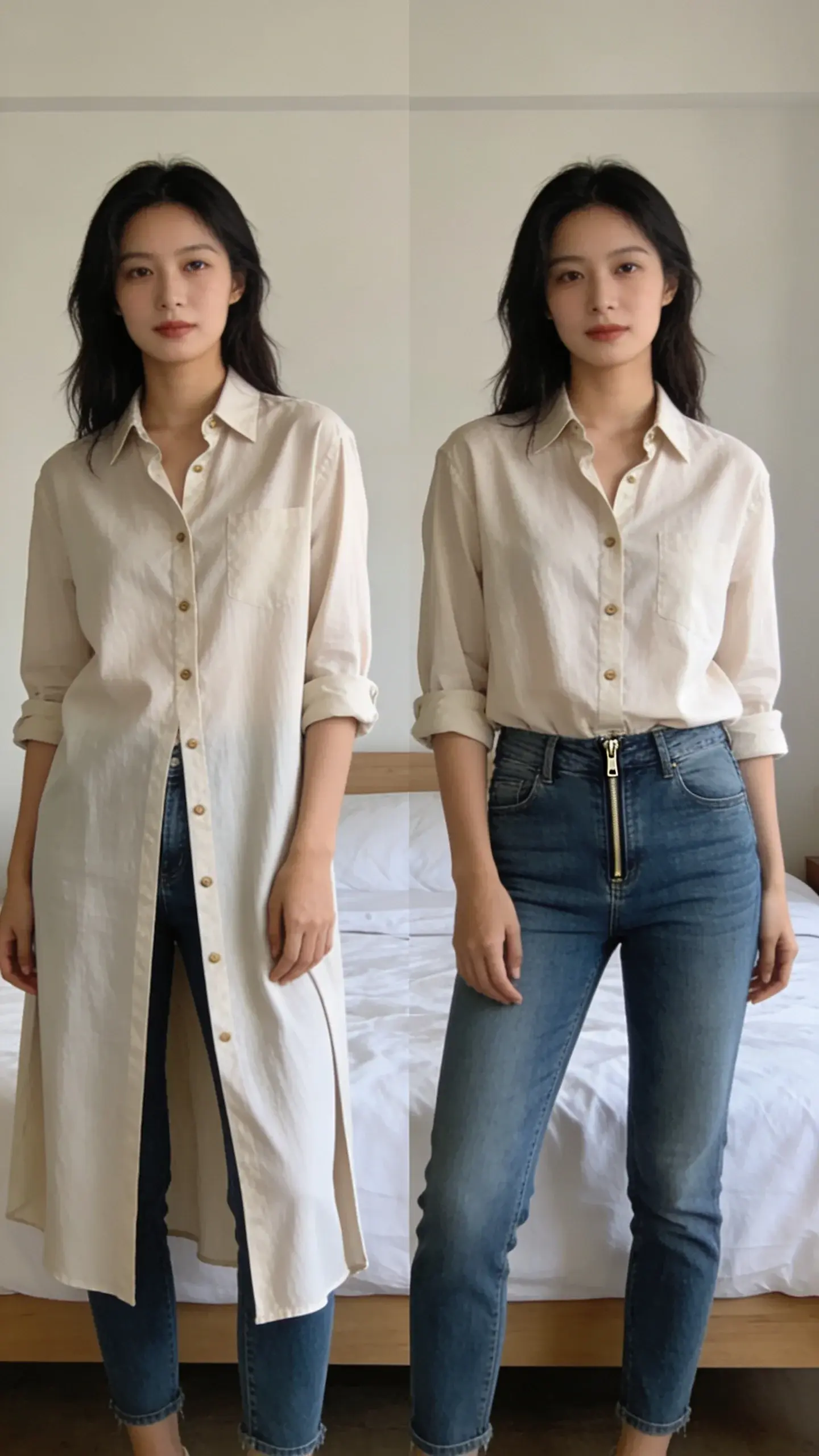 Front view of a casual button-down shirt on a woman: left shows shirt hanging past the crotch with an exaggerated long hem; right shows a similar shirt ending mid-zipper on well-fitted jeans. Simple bedroom setting with a neatly made bed, daylight, no text.