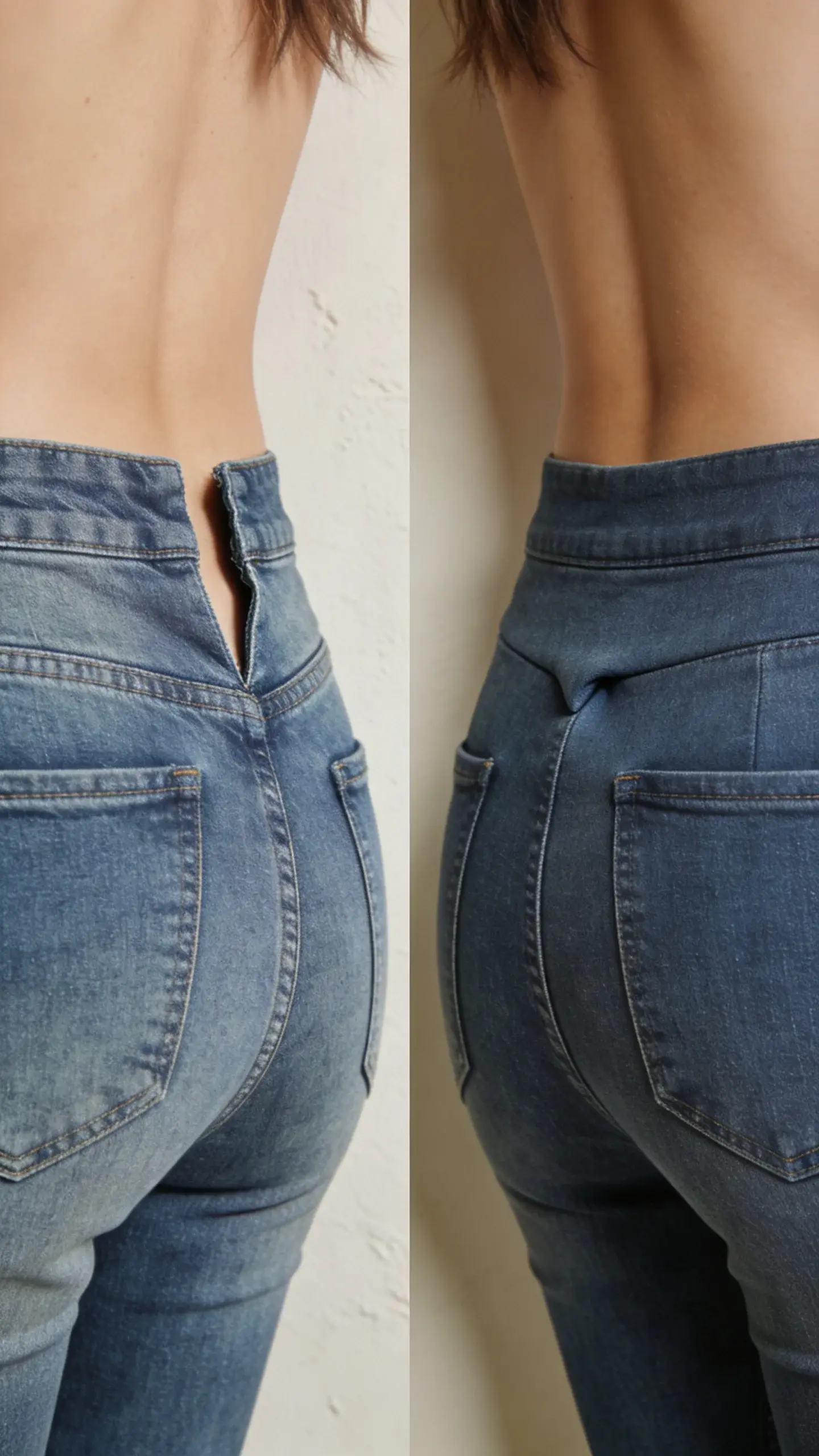 Rear waist close-up of jeans on a woman: left shows a noticeable gap at the back waistband; right shows the same jeans tailored to sit flush at the waist with a small dart. Neutral wall background, emphasis on fit at the back, no text.