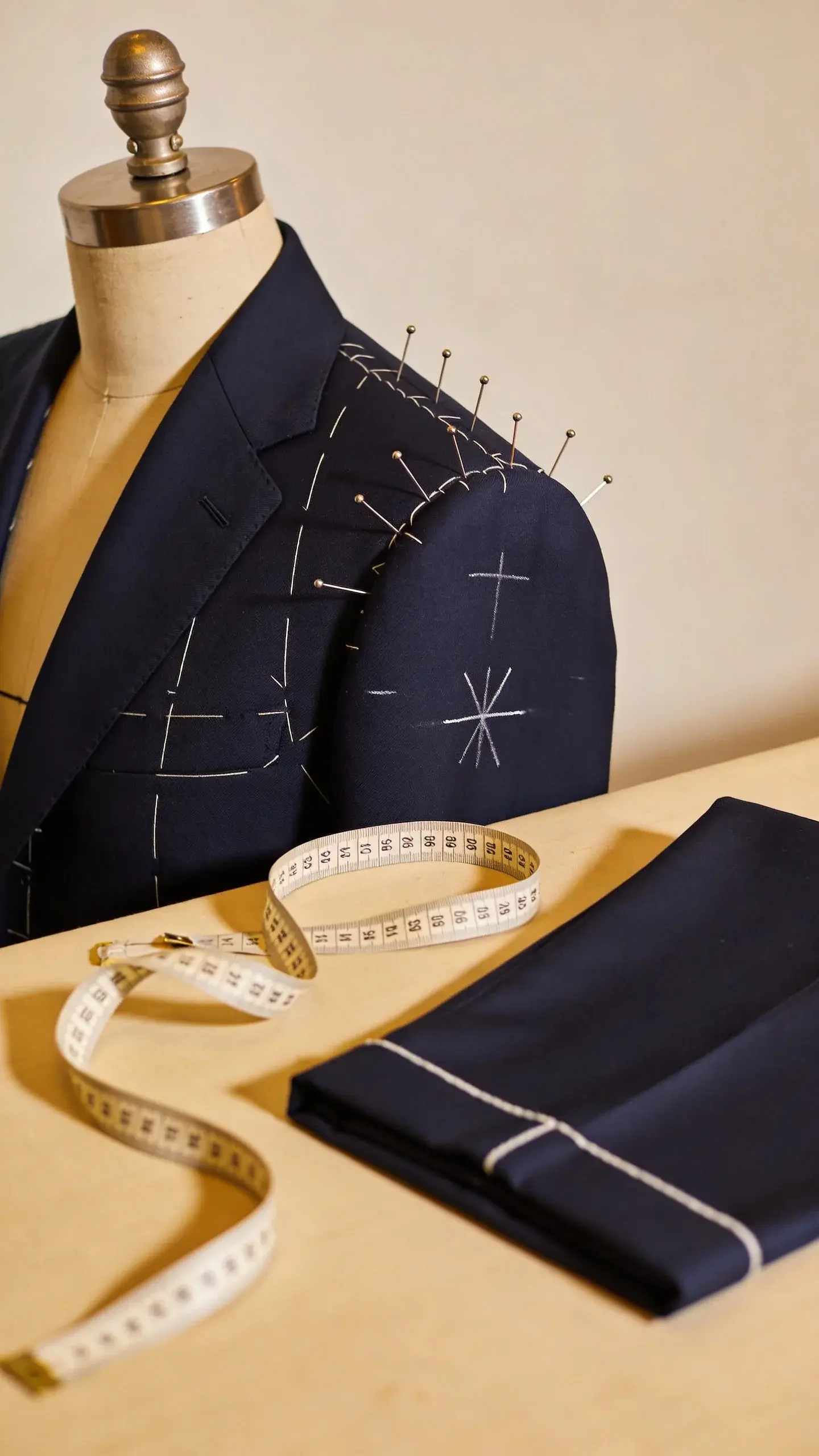 Tailoring essentials vignette: a neatly arranged scene on a worktable showing a navy blazer on a dress form being pinned at the shoulder and sleeve, measuring tape draped, chalk marks visible, and a pair of hemmed trousers folded nearby to suggest precise length. Warm studio lighting, no text.
