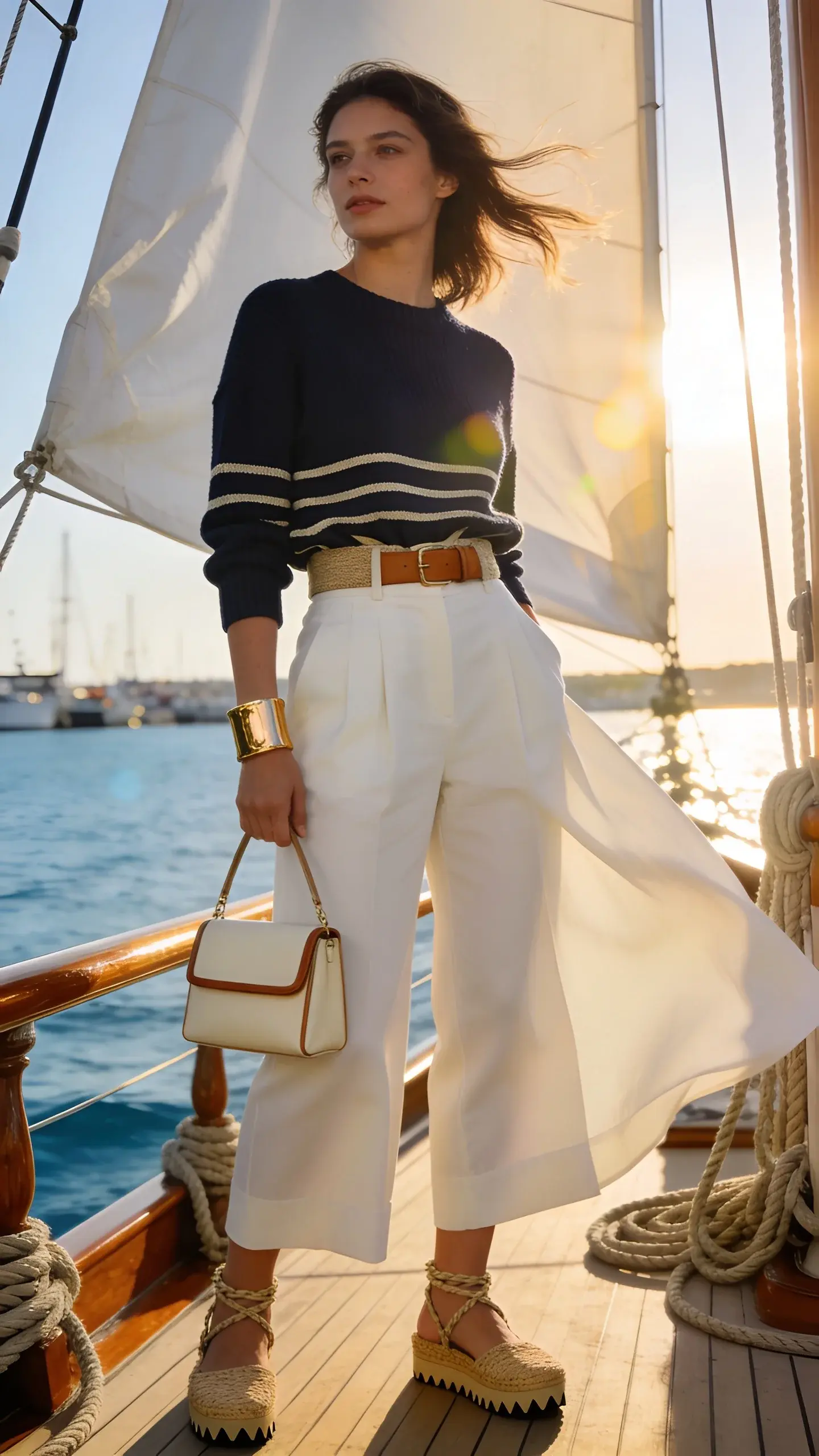 Golden-hour fashion editorial on a sailboat deck featuring a stylish woman embodying effortless elegance: she wears a lightweight navy knit sweater with slim cream Breton stripes, French-tucked at the front into high-waisted culottes in crisp white with a defined waistband and fluid, wide legs. On her feet: rope-strap espadrilles with grippy soles. Accessories include a canvas-and-tan-leather belt, a single bold gold cuff bracelet, and a structured mini tote in cream with leather trim. Wind lifts her hair and sets the culottes in motion for a romantic, photogenic silhouette. She stands near polished teak rails and coiled nautical ropes, white sails softly billowing behind her, sun reflecting off calm blue water. Natural, soft sunlight with gentle lens flare; shallow depth of field to keep the subject sharp and the marina horizon slightly blurred. Realistic skin tones, minimal makeup, effortless hair, editorial-quality styling. Shot full length at a slight low angle for a polished-from-every-angle look, high-resolution, ultra-realistic fashion photography.
