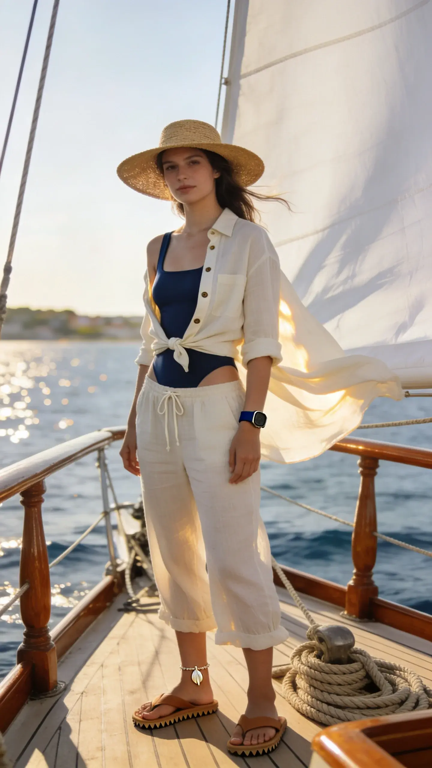 Golden-hour sailboat deck scene featuring a stylish woman embodying effortless elegance: she wears a sleek, square‑neck one‑piece swimsuit in deep navy with thicker supportive straps, layered with a tailored cream linen button‑up worn open and slightly tied at the waist, paired with airy cream drawstring beach pants that skim the ankles. On her feet: tan slide‑on deck sandals with visible tread. Accessories include a wide‑brim visor in natural straw, a minimalist waterproof watch with a navy silicone band, and a delicate shell anklet. She stands near polished teak rails and coiled rope, a white sail billowing behind her, soft wind lifting the linen. Sunlight casts warm highlights on sun-kissed skin and textured fabrics; the ocean glitters in the background with a blurred coastline. Realistic high‑quality fashion photography, shallow depth of field, 85mm lens look, natural tones, crisp details, no text.