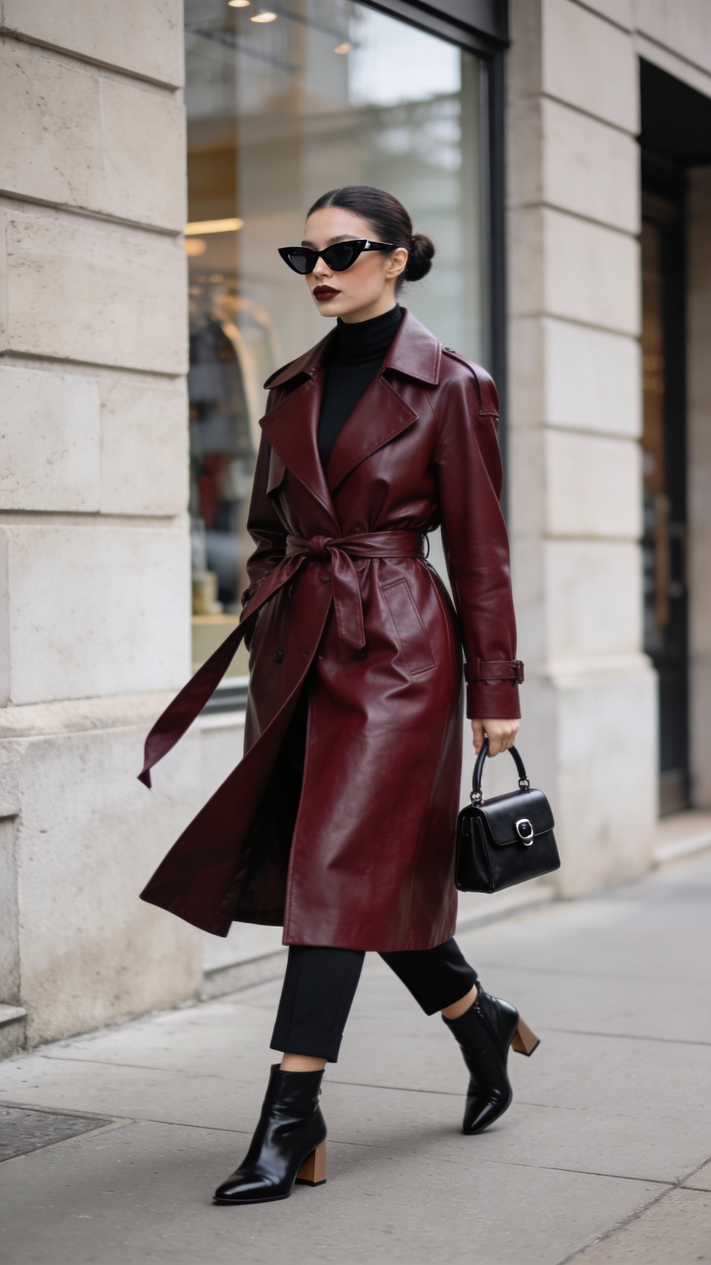 High-fashion street-style photo of a woman wearing a statement trench over an all-black base, captured in soft overcast daylight on a minimalist city sidewalk. The trench is a dramatic, calf-length leather coat in deep oxblood with strong lapels and a cinched belt tied at the waist, creating a sharp hourglass shape. Underneath, she wears a fitted black turtleneck bodysuit and sleek black cigarette pants that skim the ankle. On her feet: polished black leather ankle boots with a subtle block heel. Accessories include a structured mini top-handle bag in black with minimal hardware and angular black cat-eye sunglasses. Her hair is pulled back into a low, neat bun, makeup is clean with a bold matte lip. The overall silhouette is clean and streamlined—no bulk under the coat. She strides mid-step, trench belt tails catching a slight breeze for movement. Background features neutral stone facades and soft reflections in a storefront window; shallow depth of field, crisp details in fabric texture and leather sheen, natural color grading, editorial-quality lighting, 50mm lens look, no text.